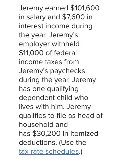 Jeremy Earned 101 600 In Salary And 7 600 In Interest Income During The Year Jeremy S Employer Withheld 11 000 Of Fe 1