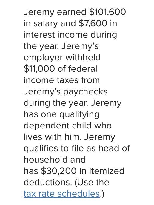 Jeremy Earned 101 600 In Salary And 7 600 In Interest Income During The Year Jeremy S Employer Withheld 11 000 Of Fe 1