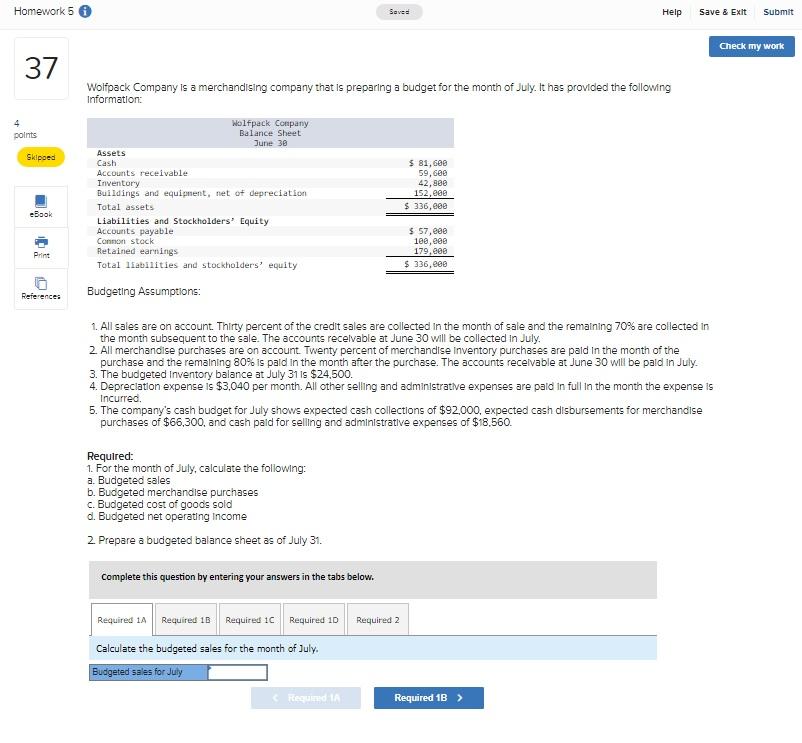 Homework 5 37 4 Points Skipped Ebook Print D References Saved Help Wolfpack Company Is A Merchandising Company That Is P 1