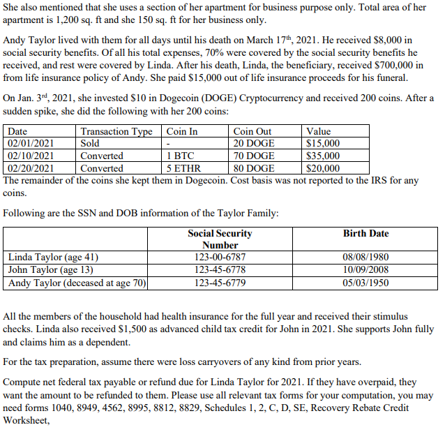 Tax Return 1 Linda B Taylor Is A Single Mom Who Lives At 671 Lake Drive Apt 9 Los Angeles Ca 90024 With Her Son J 2