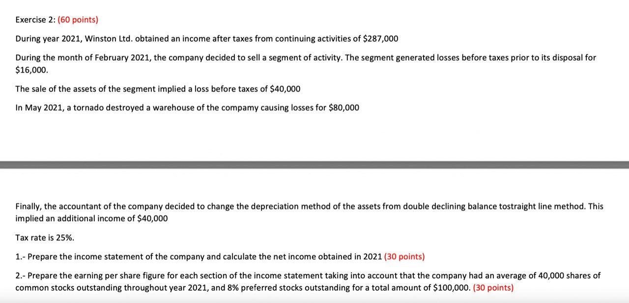 Exercise 2 60 Points During Year 2021 Winston Ltd Obtained An Income After Taxes From Continuing Activities Of 287 1