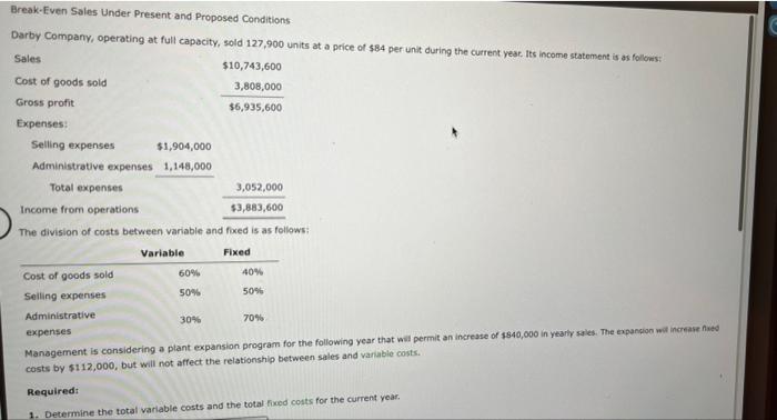 Break Even Sales Under Present And Proposed Conditions Darby Company Operating At Full Capacity Sold 127 900 Units At 1