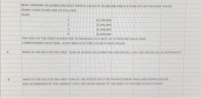 New Company Acquired An Asset With A Value Of 6 000 000 And A 6 Year Life No Salvage Value Yearly Cash Flows Are As Fo 1