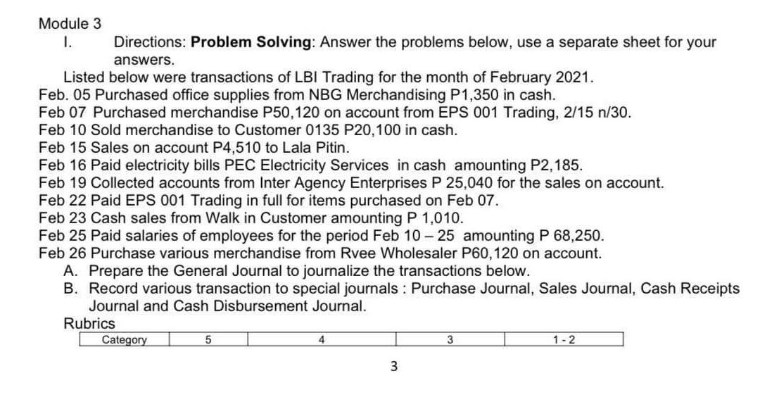 Module 3 I Directions Problem Solving Answer The Problems Below Use A Separate Sheet For Your Answers Listed Below 1
