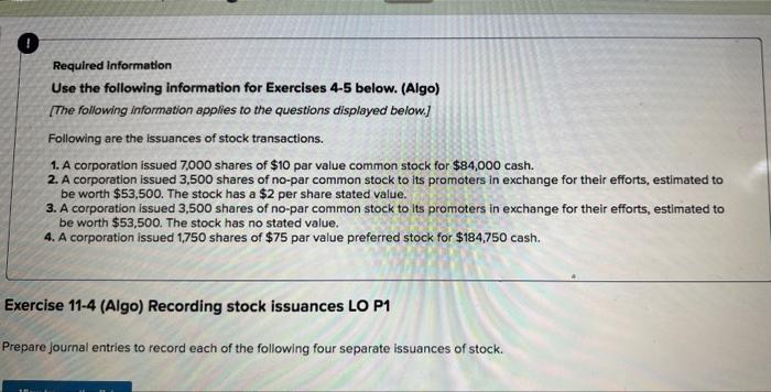 0 Required Information Use The Following Information For Exercises 4 5 Below Algo The Following Information Applies 1