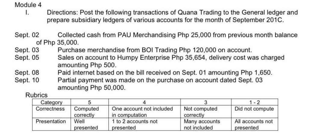 Module 4 I Directions Post The Following Transactions Of Quana Trading To The General Ledger And Prepare Subsidiary Le 1