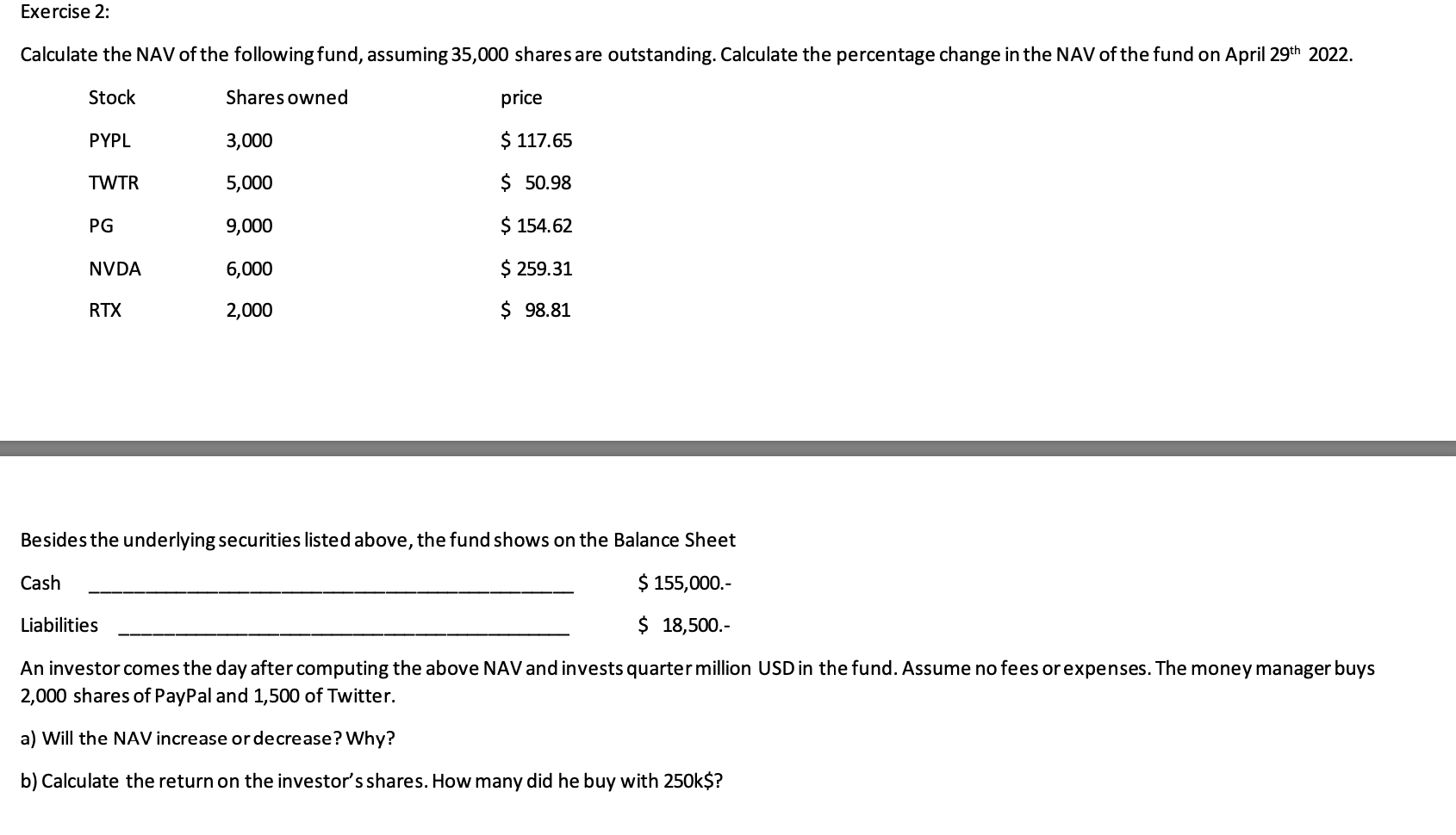 Exercise 2 Calculate The Nav Of The Following Fund Assuming 35 000 Shares Are Outstanding Calculate The Percentage Ch 1