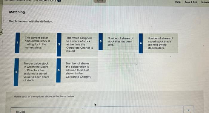 Matching Match The Term With The Definition The Current Dollar Amount The Stock Is Trading For In The Market Place No 1