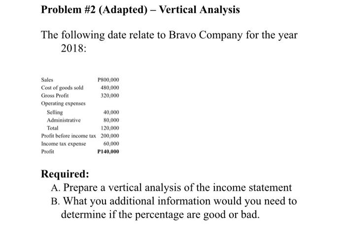 Problem 2 Adapted Vertical Analysis The Following Date Relate To Bravo Company For The Year 2018 Sales P800 000 48 1