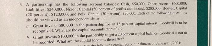 19 A Partnership Has The Following Account Balances Cash 50 000 Other Assets 600 000 Liabilities 240 000 Nixo 1