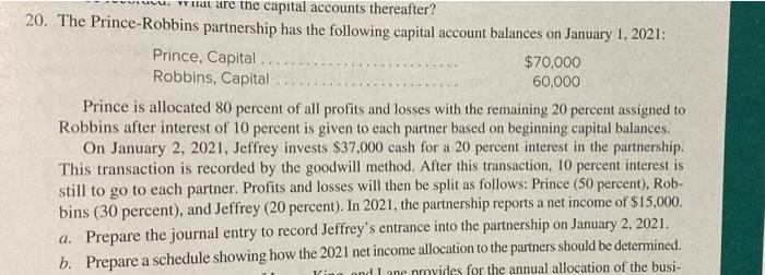 Wat Are The Capital Accounts Thereafter 20 The Prince Robbins Partnership Has The Following Capital Account Balances O 1