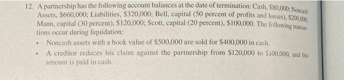 12 A Partnership Has The Following Account Balances At The Date Of Termination Cash 80 000 Noncash Assets 660 000 1