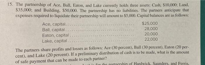 15 The Partnership Of Ace Ball Eaton And Lake Currently Holds Three Assets Cash 10 000 Land 35 000 And Buildi 1