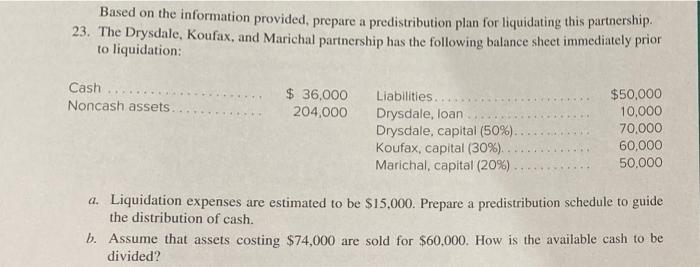 Based On The Information Provided Prepare A Predistribution Plan For Liquidating This Partnership 23 The Drysdale Ko 1