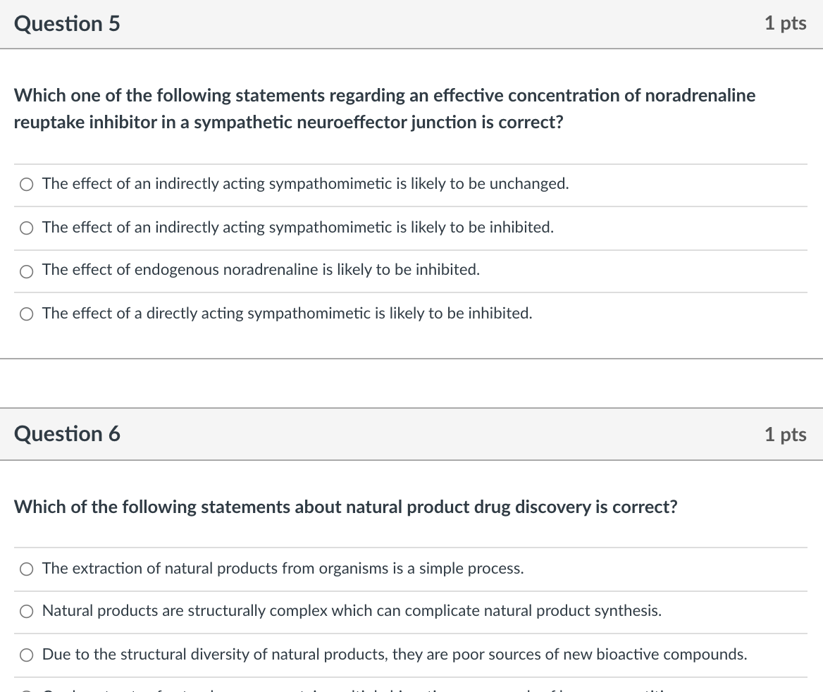 Question 5 1 Pts Which One Of The Following Statements Regarding An Effective Concentration Of Noradrenaline Reuptake In 1