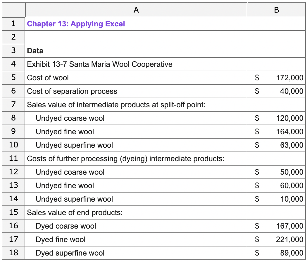 A 1 Chapter 13 Applying Excel 2 3 Data 4 Exhibit 13 7 Santa Maria Wool Cooperative 5 Cost Of Wool 6 Cost Of Separation 1