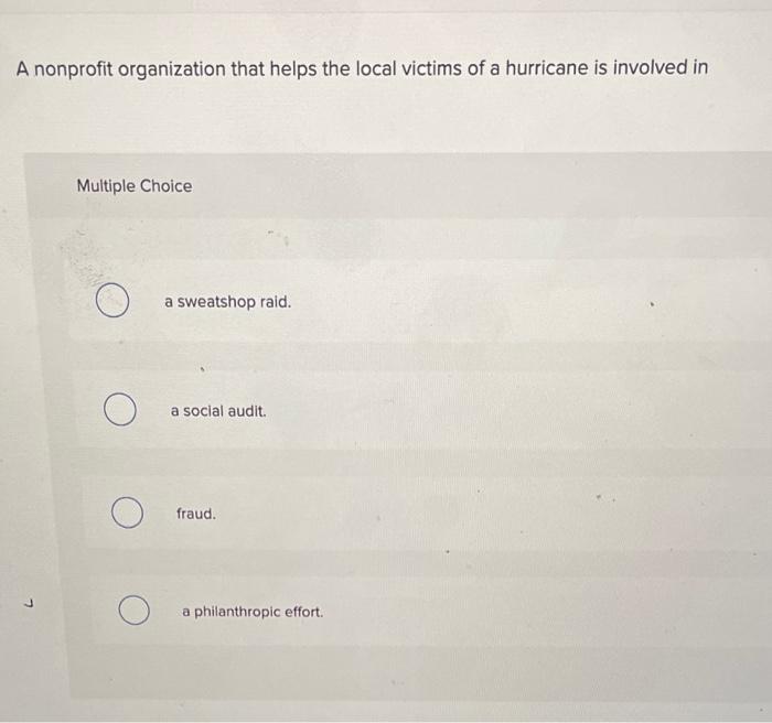 A Nonprofit Organization That Helps The Local Victims Of A Hurricane Is Involved In Multiple Choice O A Sweatshop Raid 1