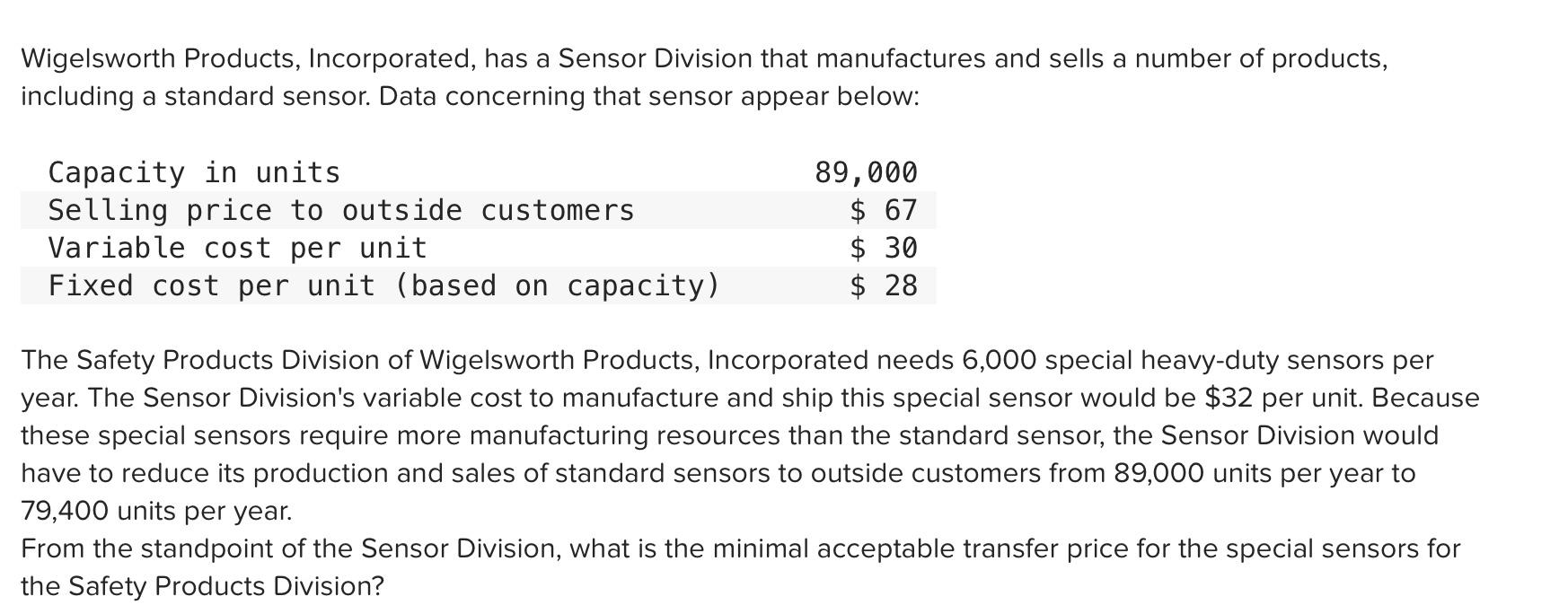 Wigelsworth Products Incorporated Has A Sensor Division That Manufactures And Sells A Number Of Products Including A 1