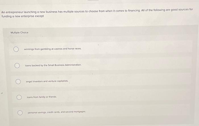 An Entrepreneur Launching A New Business Has Multiple Sources To Choose From When It Comes To Financing All Of The Foll 1