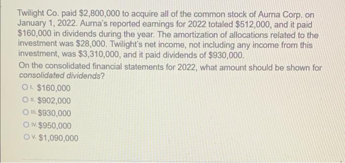 Twilight Co Paid 2 800 000 To Acquire All Of The Common Stock Of Aurna Corp On January 1 2022 Aurna S Reported Earn 1