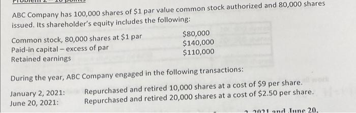 Abc Company Has 100 000 Shares Of 1 Par Value Common Stock Authorized And 80 000 Shares Issued Its Shareholder S Equit 1