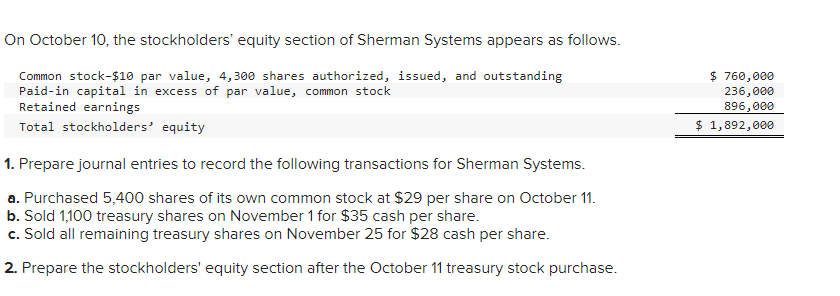 On October 10 The Stockholders Equity Section Of Sherman Systems Appears As Follows Common Stock 10 Par Value 4 300 1