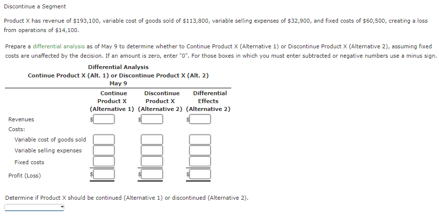 Discontinue A Segment Product X Has Revenue Of 193 100 Variable Cost Of Goods Sold Of 113 800 Variable Selling Expen 1