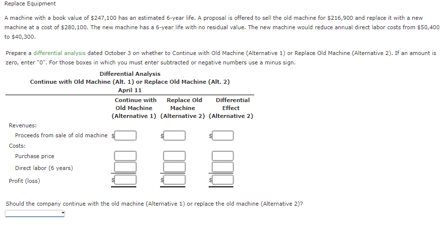 Replace Equipment A Machine With A Book Value Of 247 100 Has An Estimated 6 Year Life A Proposal Is Offered To Sell Th 1