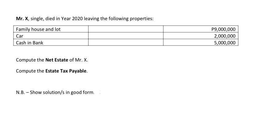 Mr X Single Died In Year 2020 Leaving The Following Properties Family House And Lot Car Cash In Bank Compute The Net 1
