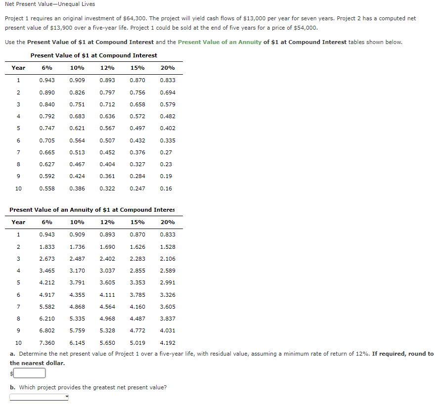 Net Present Value Unequal Lives Project 1 Requires An Original Investment Of 64 300 The Project Will Yield Cash Flows 1