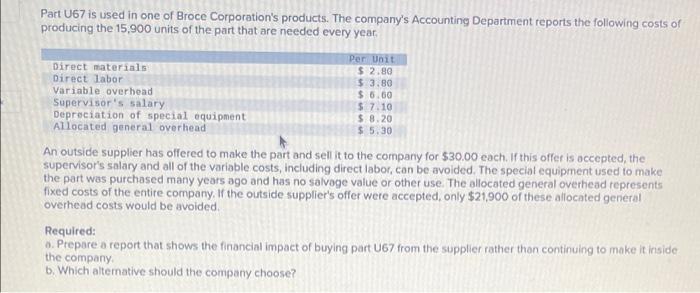 Part U67 Is Used In One Of Broce Corporation S Products The Company S Accounting Department Reports The Following Costs 1
