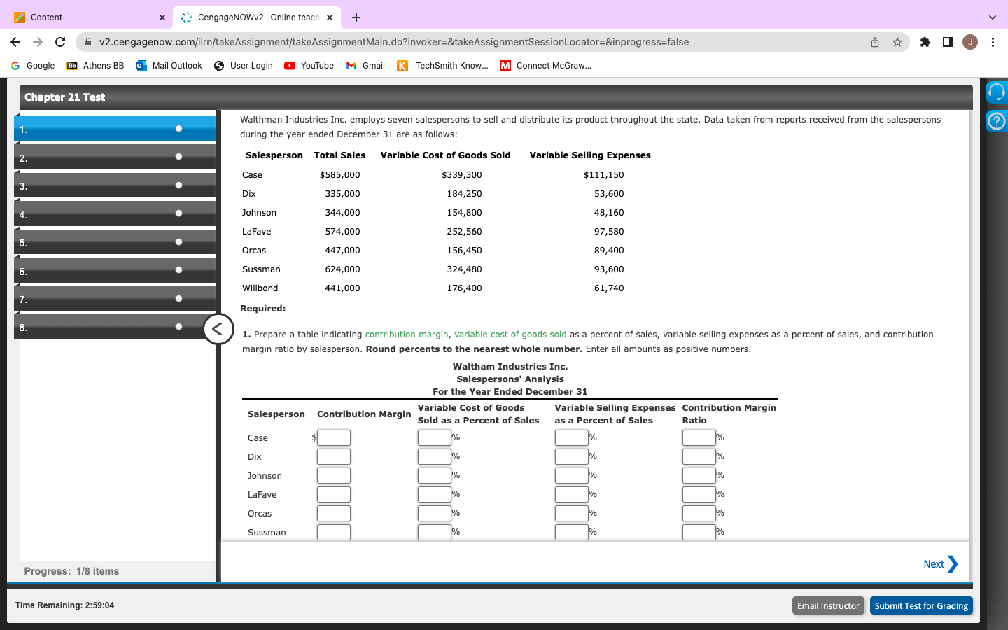 Content C G Google Bb Athens Bb Chapter 21 Test 1 2 3 4 5 6 7 8 Progress 1 8 Items Time Remaining 2 59 04 1