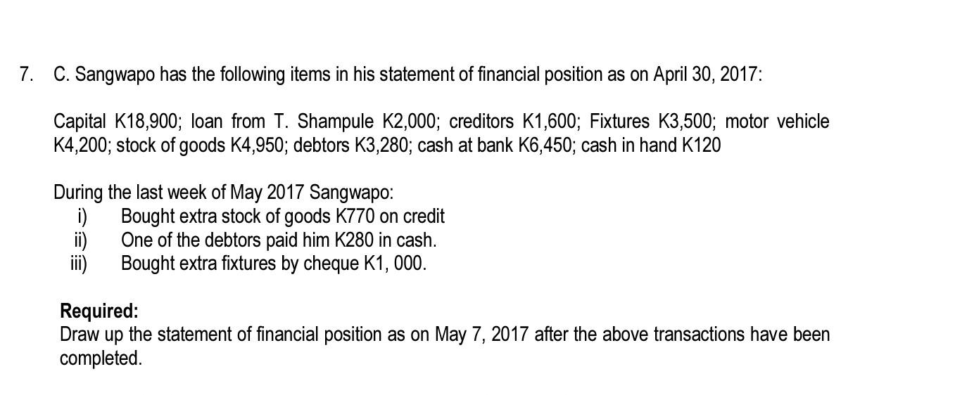 7 C Sangwapo Has The Following Items In His Statement Of Financial Position As On April 30 2017 Capital K18 900 Loa 1