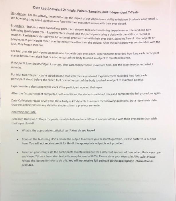 Data Lab Analysis 2 Single Paired Samples And Independent T Tests Description For This Activity I Wanted To Test 1