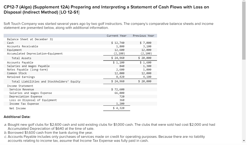 Cp12 7 Algo Supplement 12a Preparing And Interpreting A Statement Of Cash Flows With Loss On Disposal Indirect Meth 1