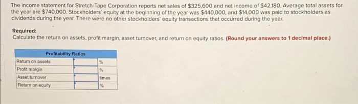 The Income Statement For Stretch Tape Corporation Reports Net Sales Of 325 600 And Net Income Of 42 180 Average Total 1