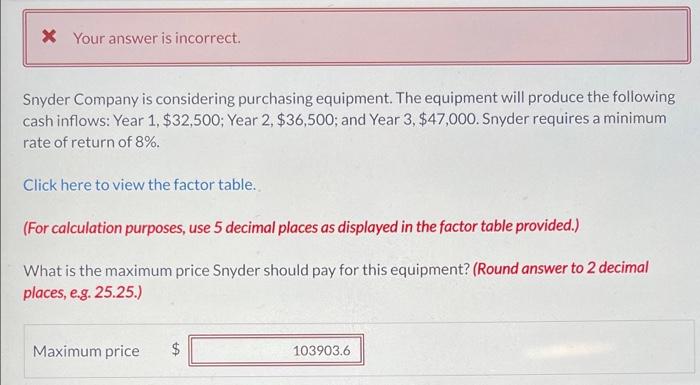 Your Answer Is Incorrect Snyder Company Is Considering Purchasing Equipment The Equipment Will Produce The Following 1