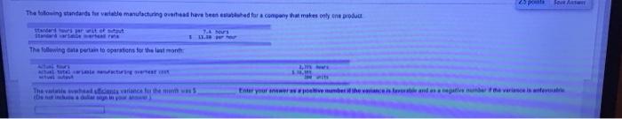 25 Pont Sove Answer Lime Its Enter Your Answer As A Poetive Member If The Variance In Favorable And As A Negaties Number 1