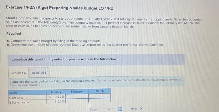Exercise 14 2a Algo Preparing A Sales Budget Lo 14 2 Stuart Company Which Expects To Start Operations On January 1 Y 1