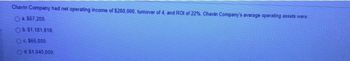 Chavin Company Had Net Operating Income Of 260 000 Turnover Of 4 And Roi Of 22 Chavin Company S Average Operating A 1