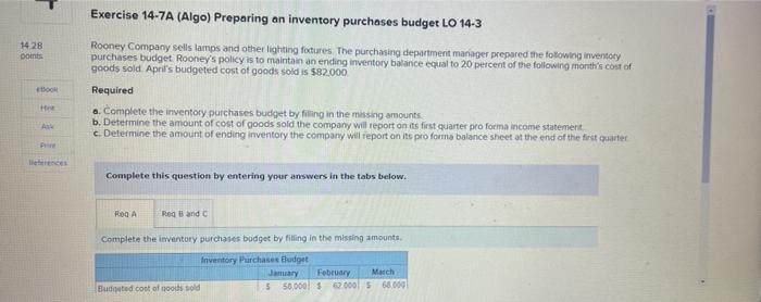 Exercise 14 7a Algo Preparing An Inventory Purchases Budget Lo 14 3 Rooney Company Sells Lamps And Other Lighting Foxt 1