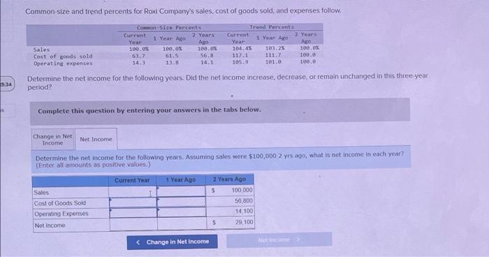 Common Size And Trend Percents For Roxi Company S Sales Cost Of Goods Sold And Expenses Follow Common Size Percents T 1