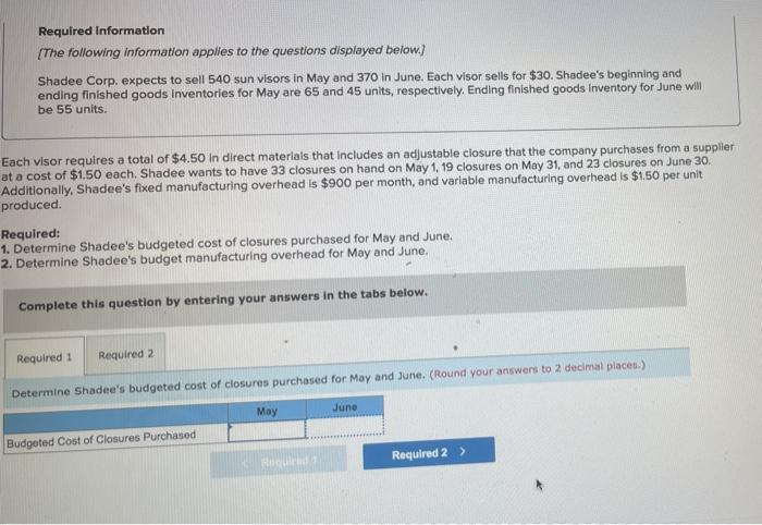 Required Information The Following Information Applies To The Questions Displayed Below Shadee Corp Expects To Sell 1
