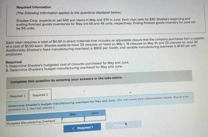 Required Information The Following Information Applies To The Questions Displayed Below Shadee Corp Expects To Sell 2