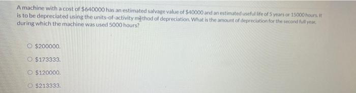 A Machine With A Cost Of 640000 Has An Estimated Salvage Value Of 40000 And An Estimated Useful Life Of 5 Years Or 150 1