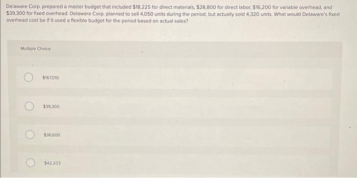 Delaware Corp Prepared A Master Budget That Included 18 225 For Direct Materials 28 800 For Direct Labor 16 200 Fo 1