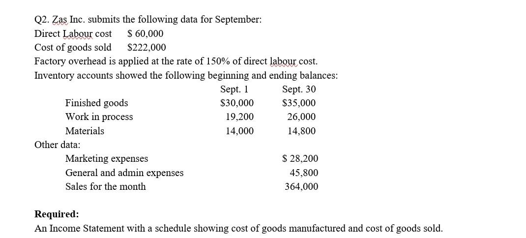 Q2 Zas Inc Submits The Following Data For September Direct Labour Cost 60 000 Cost Of Goods Sold 222 000 Factory O 1