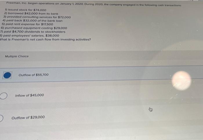 Freeman Inc Began Operations On January 1 2020 During 2020 The Company Engaged In The Following Cash Transactions 1