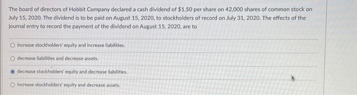 The Board Of Directors Of Hobbit Company Declared A Cash Dividend Of 1 50 Per Share On 42 000 Shares Of Common Stock On 1