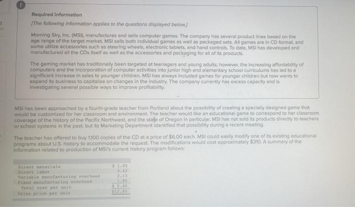 Required Information The Following Information Applies To The Questions Displayed Below Morning Sky Inc Ms Manufa 1